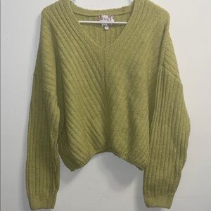 Pink Republic Moss Green Oversized Cropped V-Neck Knit Sweater